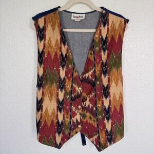 Vintage Western Vest Women Large 90s Denim Ikat Rhinestone Southwest Green Field